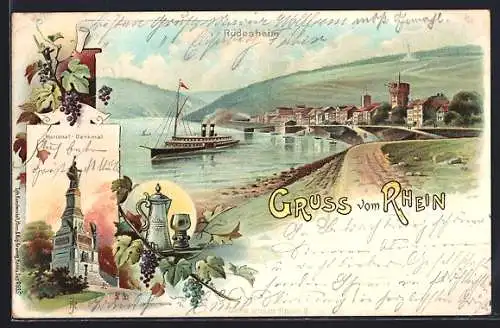 Lithographie Rüdesheim am Rhein, National-Denkmal, Wein, Dampfer