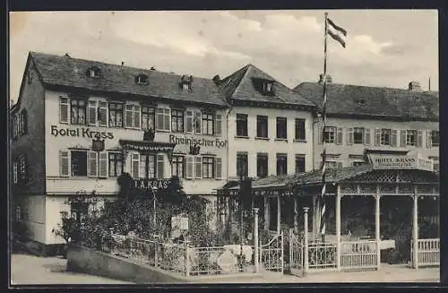 AK Rüdesheim a. Rhein, Hotel Krass / Rheinischer Hof, Inh. Carl Jordan, Bes. J. A. Krass