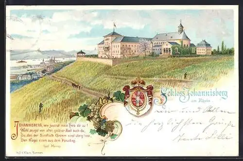 Lithographie Johannisberg i. Rheingau, Partie am Schloss mit Blick nach Bingen, Rochusberg, Niederwalddenkmal