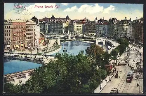 AK Wien, Franz Josefs-Quai mit Strassenbahnen aus der Vogelschau