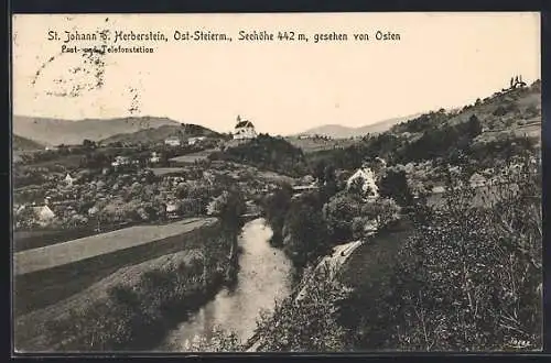 AK St. Johann b. Herberstein, Panorama mit Kirche gesehen von Osten