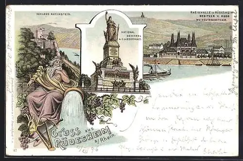 Lithographie Rüdesheim /Rh., Niederwald-Denkmal, Rheinansicht mit Vater Rhein und Gaststätte Rheinhalle V. Roos