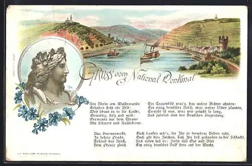 Lithographie Niederwald, Rheinpartie mit National-Denkmal