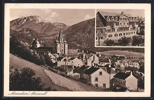 AK Mariazell, Ortspartie mit Wallfahrtskirche, Marienheim