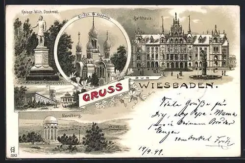 Lithographie Wiesbaden, Griech. Kapelle, Neroberg, Rathaus