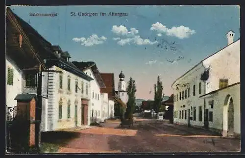 AK St. Georgen im Attergau, Strassenpartie mit Kirche