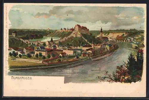 Lithographie Burghausen / Salzach, Gesamtansicht