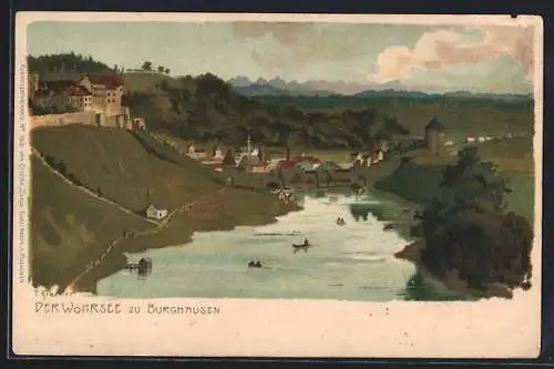 Künstler-AK Burghausen / Salzach, Ortspartie mit Wöhrsee