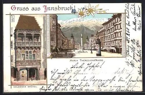 Lithographie Innsbruck, Maria Theresienstrasse mit Häuserzeilen und Blick auf Gebirge, Goldenes Dachel, Edelweiss