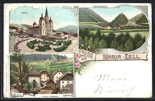 Lithographie Maria-Zell, Sigmundsberg, Kirche, Heilig. Brunnen