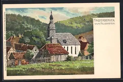 Lithographie Finsterbergen, Blick vom Felsenstein auf die Kirche