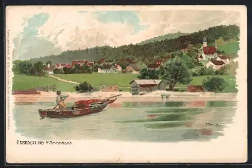 Lithographie Herrsching am Ammersee, Ortsansicht vom See aus