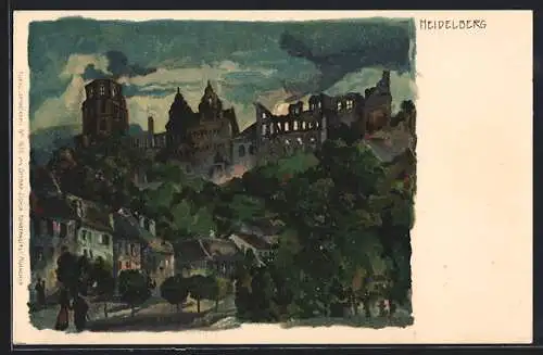 Lithographie Heidelberg / Neckar, Ortsansicht