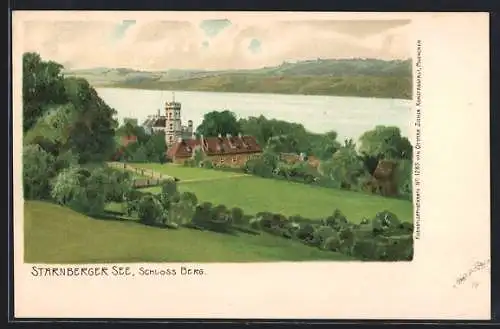 Lithographie Berg / Starnberger See, Schloss gegen See