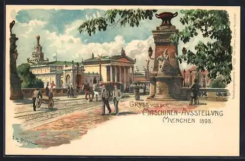 Künstler-Lithographie Fritz Bergen: München, Maschinen-Ausstellung 1898