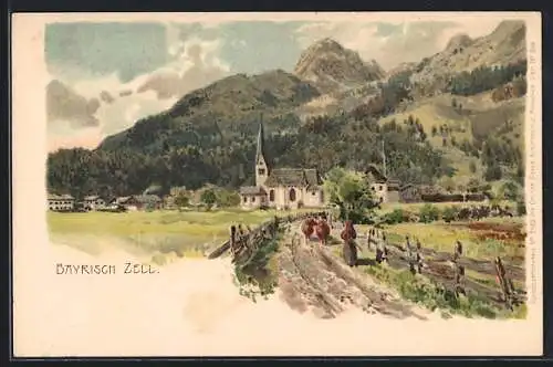 Lithographie Bayrisch Zell, Strassenpartie mit Bäuerin und Ochsen