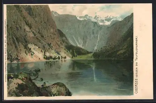 AK Berchtesgaden, Obersee, Idylle mit Blick auf die Teufelshörner