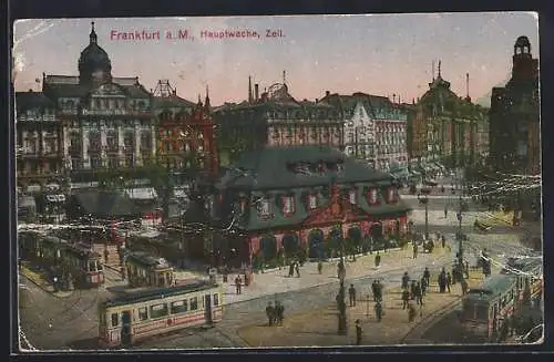 AK Frankfurt a. Main, Kaffee Hauptwache mit Blick in die Zeil, Strassenbahn