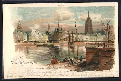 Lithographie Frankfurt, Ortsansicht mit Brücke