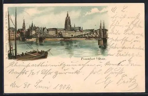 Lithographie Frankfurt a / Main, Teilansicht mit Brücke