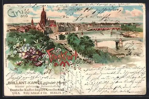 Lithographie Frankfurt /Main, Mainbrücken mit Ortsansicht