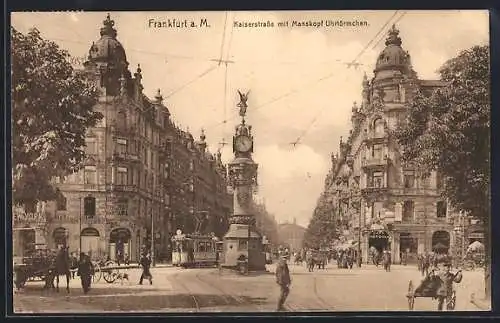 AK Frankfurt /Main, Kaiserstrasse mit Manskopf Uhrtürmchen und Strassenbahn