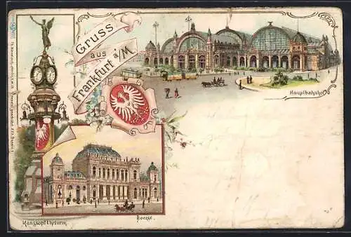 Lithographie Frankfurt /Main, Hauptbahnhof und Börse