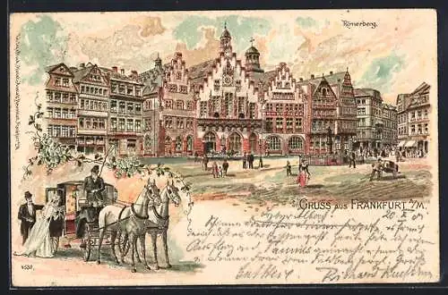 Lithographie Alt-Frankfurt, Römerberg mit Hochzeitskutsche, Neujahrsgruss