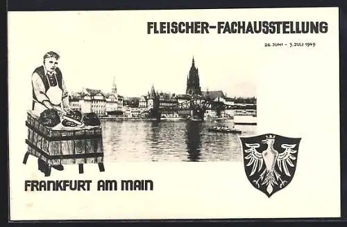 AK Frankfurt, Fleischer-Fachausstellung 1949, Blick über den Main, Wappen