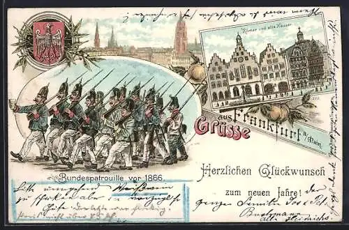 Lithographie Alt-Frankfurt, Römer und alte Häuser, Bundespatrouille vor 1866