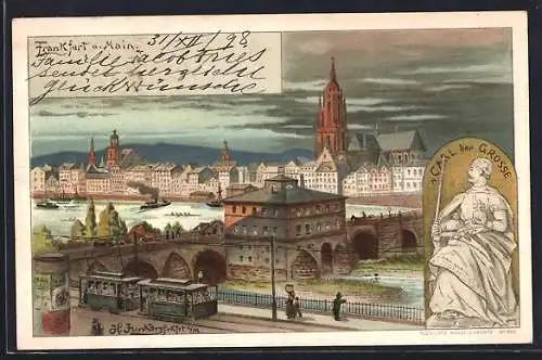 Lithographie Frankfurt, Ortsansicht mit Strassenbahn, Carl der Grosse