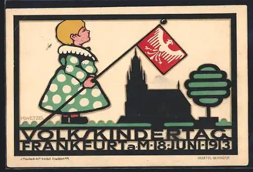 Künstler-AK Frankfurt, Volkskindertag 1913, Mädchen mit Fahne vor Kirche, Kinderfürsorge