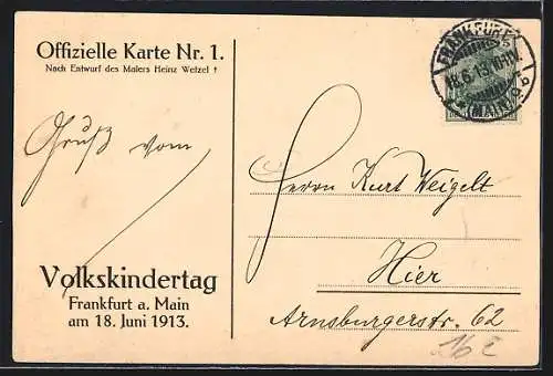 Künstler-AK Frankfurt, Volkskindertag 1913, Mädchen mit Fahne vor Kirche, Kinderfürsorge