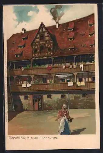 Lithographie Bamberg, Magd vor der alten Hofhaltung