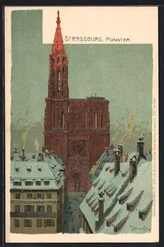 Künstler-Lithographie Alexander Marcks: Strassburg, Partie am Münster im Winter