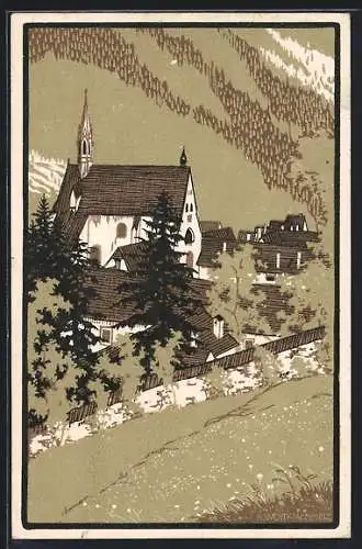 Künstler-AK Gaming /N.-Oe., Kartause mit Blick vom Zürner auf Kirche und Klostergebäude