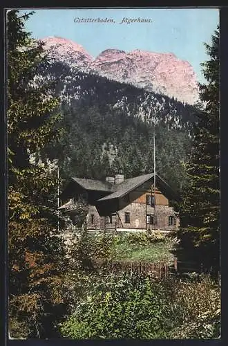 AK Gstatterboden, Jägerhaus gegen die Alpen gesehen