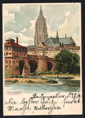 Lithographie Alt-Frankfurt, Alte Brücke mit Dom