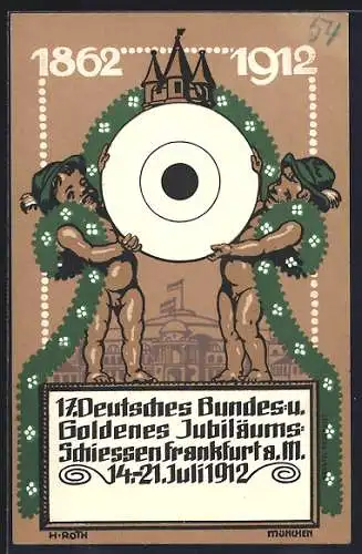 AK Frankfurt a. M., 17. Deutsches Bundes- u. Goldenes Jubiläums-Schiessen 1912, Jungen halten die Zielscheibe