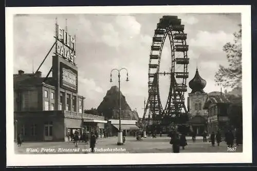 AK Wien, Riesenrad u. Hochschaubahn im Wiener Prater, Kino Filmpalast