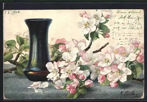 Künstler-AK M. Billing: Vase und Blumen auf dem Tisch