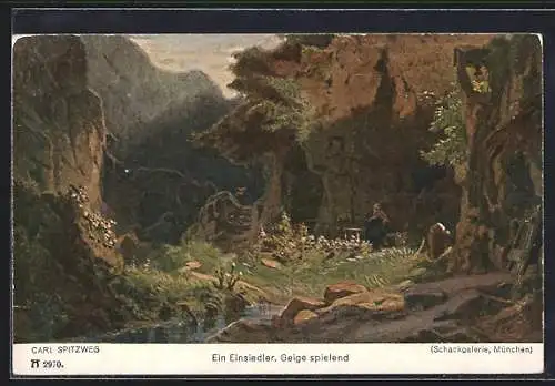 Künstler-AK Carl Spitzweg: Ein Einsiedler beim Spielen seiner Geige