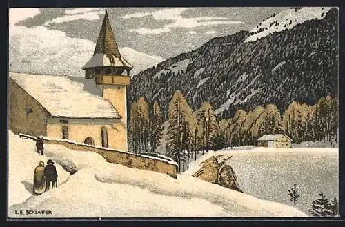 Künstler-AK Ernst E.Schlatter: Bergkirchlein im Winter, Leute auf dem Weg zur Kirche