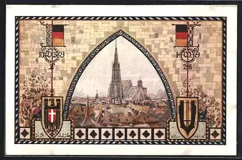 AK Fest-Postkarte des 10. Deutschen Sängerbundesfestes Wien 1928, Stefansdom, Wappen, Flaggen