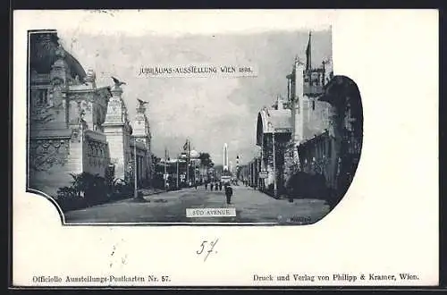 AK Wien, Jubiläums-Ausstellung 1898, Süd-Avenue mit Leuten, gerahmte Ansicht