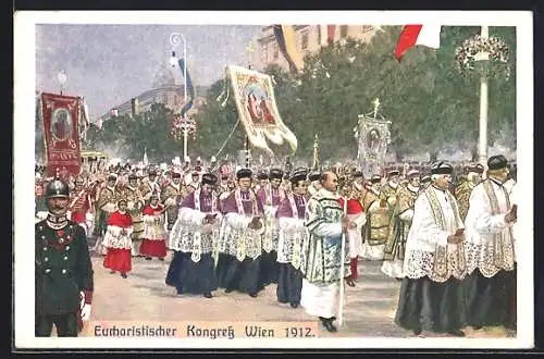 Künstler-AK Wien, Eucharisten Congress 1912, Geisliche ziehen durch den Ort