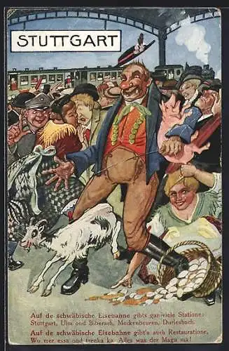 AK Stuttgart, Schwäb. Eisenbahn, Stadttypen mit Ziege und Schwein auf dem Bahnsteig