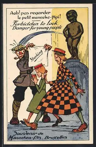 AK Bruxelles, Mann schirmt Manneken-Pis vor zwei Frauen ab