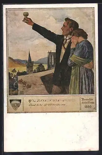 Künstler-AK Karl Friedrich Gsur, Deutscher Schulverein NR 559: Mann erhebt sein Glas, Frau lehnt sich an den Mann