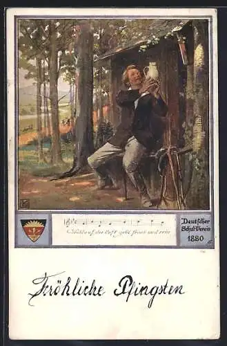 Künstler-AK Karl Friedrich Gsur: Deutscher Schulverein Nr. 556: Herr mit einem Krug vor der Hütte 1880